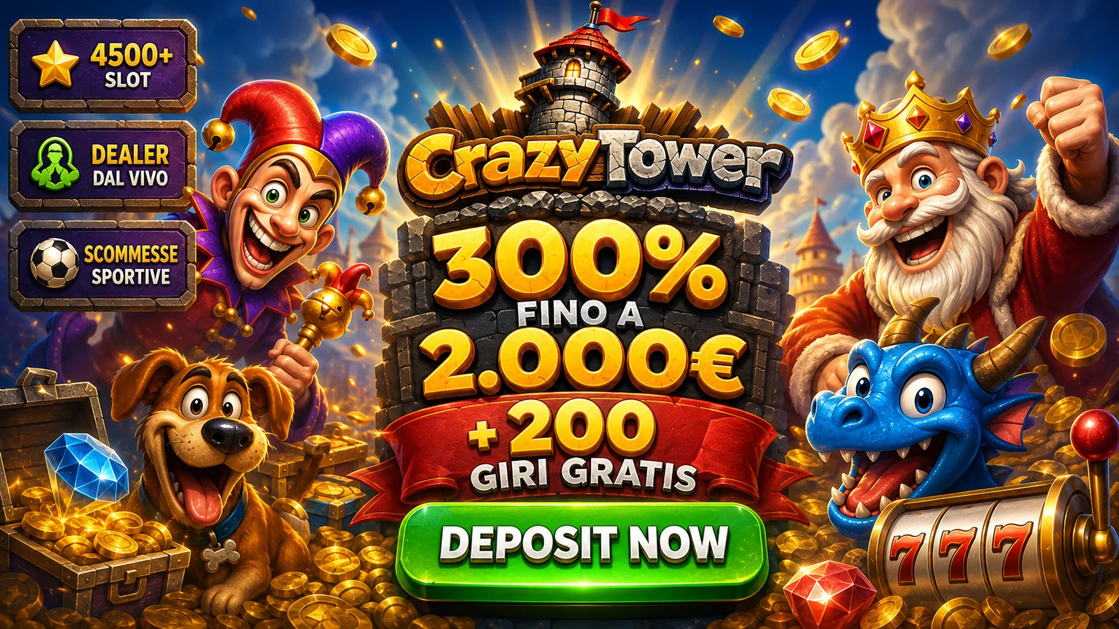 Bonus di benvenuto CrazyTower Casino: 300% fino a 2.000€ e 200 giri gratis